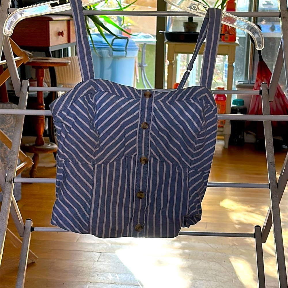 Blue and white striped crop tank top